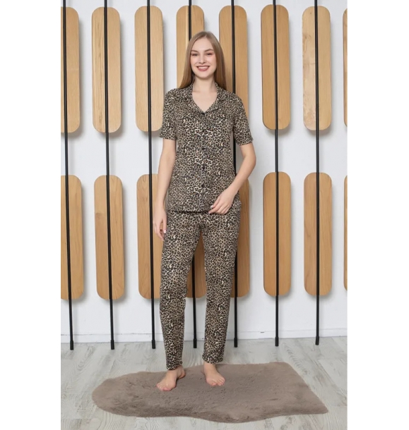 Пижамный комплект на пуговицах с принтом, рубашка с воротником и короткими рукавами, ткань Пегаса | Sumka