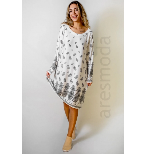 Женское повседневное платье-миди с длинным рукавом белого цвета с рисунком | Sumka