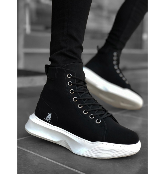 BA0155 Мужские спортивные ботинки на черной и белой подошве на высокой подошве со шнуровкой | Sumka