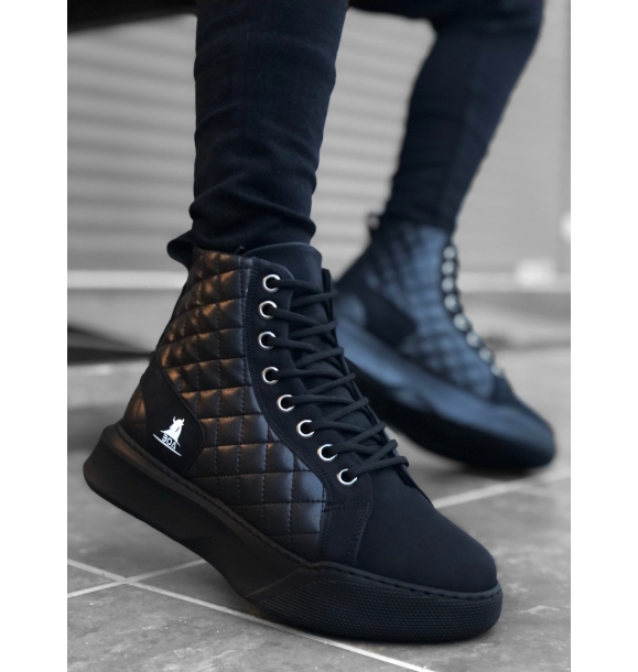 BA0159 Черные стеганые мужские спортивные ботинки на высокой подошве со шнуровкой | Sumka