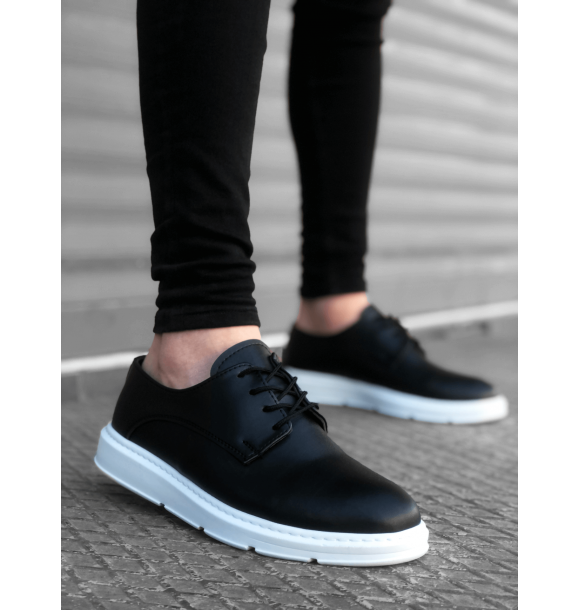 BA0003 Классические повседневные мужские туфли черного и белого цвета на высокой подошве со шнуровкой | Sumka