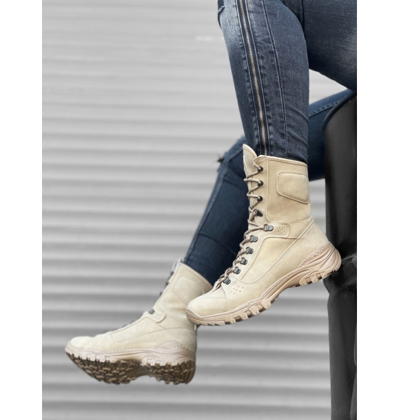 BA0605 Кремовые военные ботинки на шнуровке | Sumka