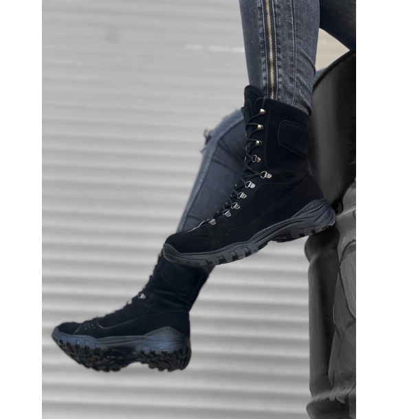 BA0605 Черные замшевые военные ботинки на шнуровке | Sumka