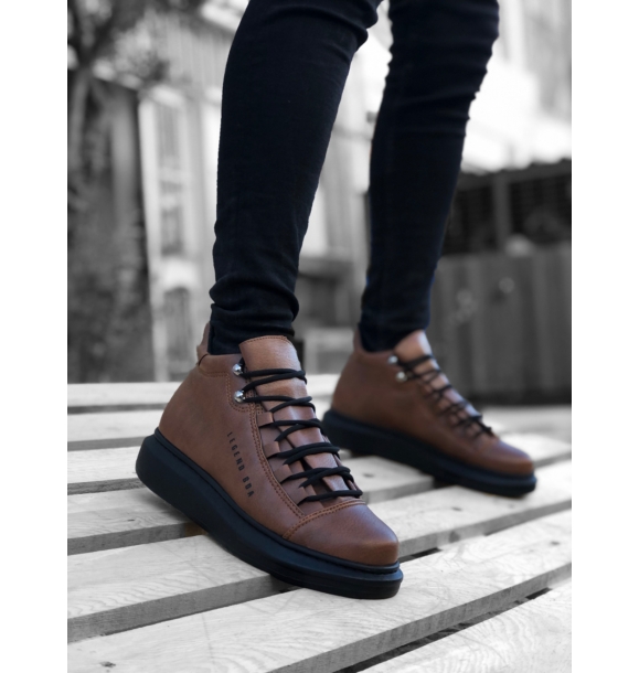 BA0312 Мужские спортивные ботинки на черной подошве со шнуровкой и высокой коричневой подошвой | Sumka