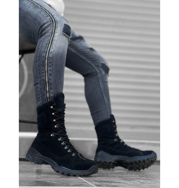 BA0605 Черные замшевые военные ботинки на шнуровке | Sumka