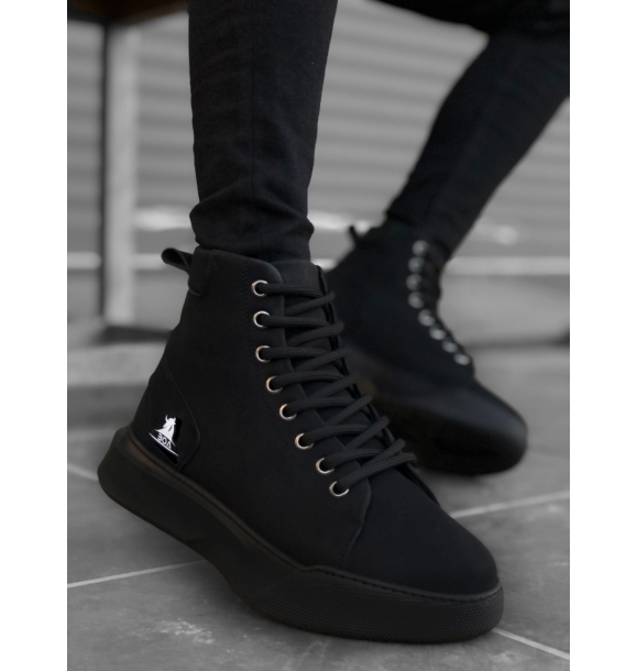 BA0155 Мужские черные спортивные ботинки на высокой подошве со шнуровкой | Sumka
