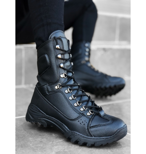 BA0605 Черные кожаные военные ботинки на шнуровке | Sumka