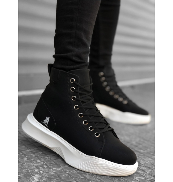 BA0155 Мужские спортивные ботинки на черной и белой подошве на высокой подошве со шнуровкой | Sumka