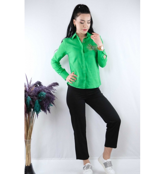 Модная льняная рубашка в полоску с камнем MC2301 Зеленая | Sumka