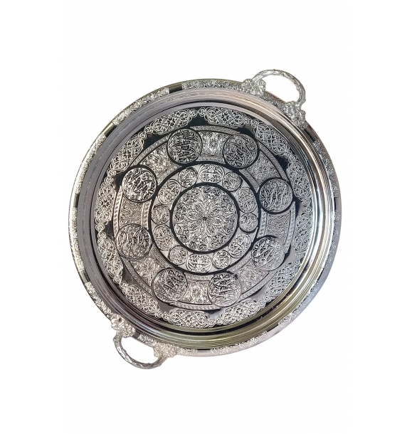 Поднос из толстой меди, никелированный, с ручной гравировкой (1 мм), диаметр 37,5 см | Sumka