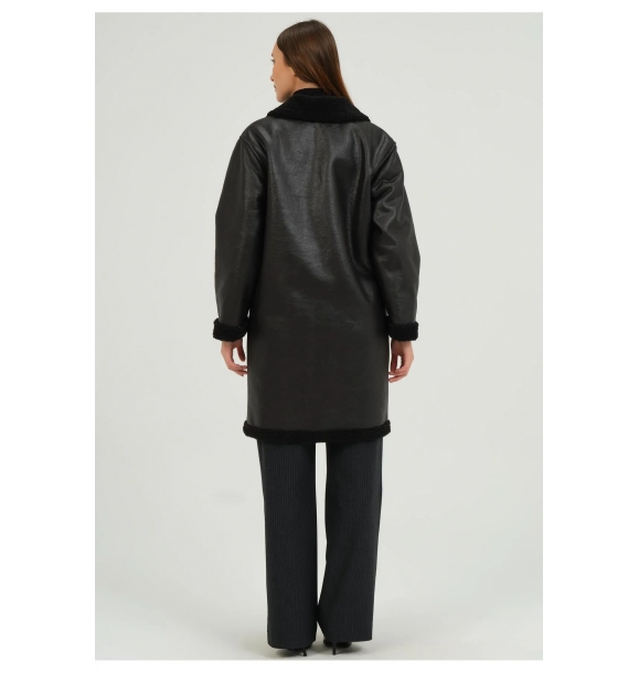 Длинная куртка из искусственной кожи с меховым воротником 2399 | Sumka