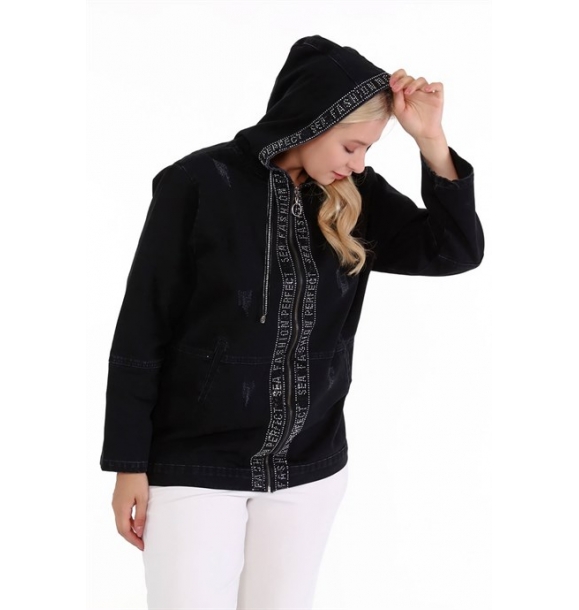 Женская черная джинсовая куртка большого размера с камнями | Sumka