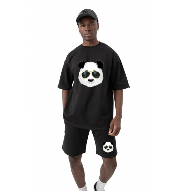 Очковая панда с принтом на широкой черной футболке большого размера и черных шортах из джерси - летний комплект. | Sumka