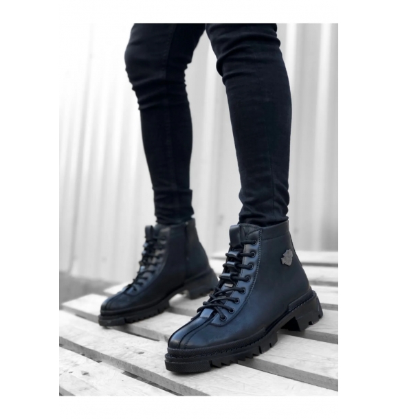 Ботинки для мужчин черного цвета с классическим спортивным дизайном, с узором, шнуровкой, молнией и пряжкой на половину голени. | Sumka
