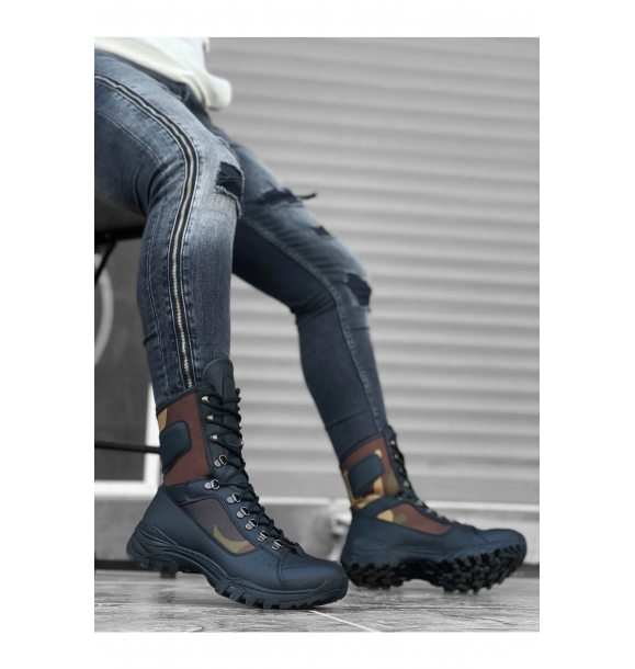 Ba0605 Черные военные ботинки с камуфляжным узором и шнуровкой. | Sumka