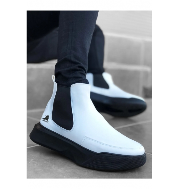 Ba0150 Ботинки для мужчин без шнурков с лентами, с высокой подошвой, белые с черной подошвой. | Sumka