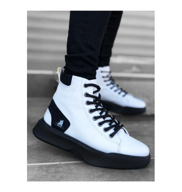 Ba0155 Мужские спортивные ботинки с высокой подошвой на шнуровке, белые с черной подошвой. | Sumka
