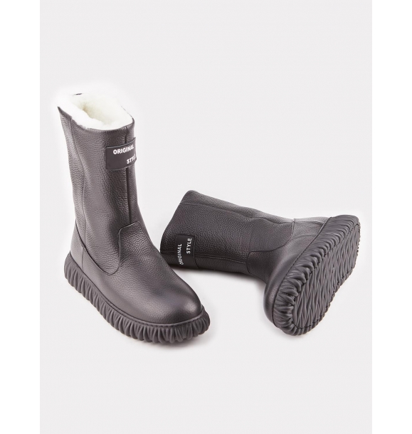 Женские повседневные ботинки на резиновой подошве из натуральной кожи с черным мехом | Sumka