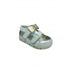 Ортопедическая детская спортивная обувь для девочек, серебристо-белого цвета с золотистыми деталями, с бантом и липучкой из кожи. | Sumka