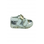 Ортопедическая детская спортивная обувь для девочек, серебристо-белого цвета с золотистыми деталями, с бантом и липучкой из кожи. | Sumka