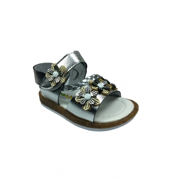 Ортопедические сандалии для девочек Ширинбебе, серебристого цвета, с цветочным узором и липучкой на лодыжке. | Sumka