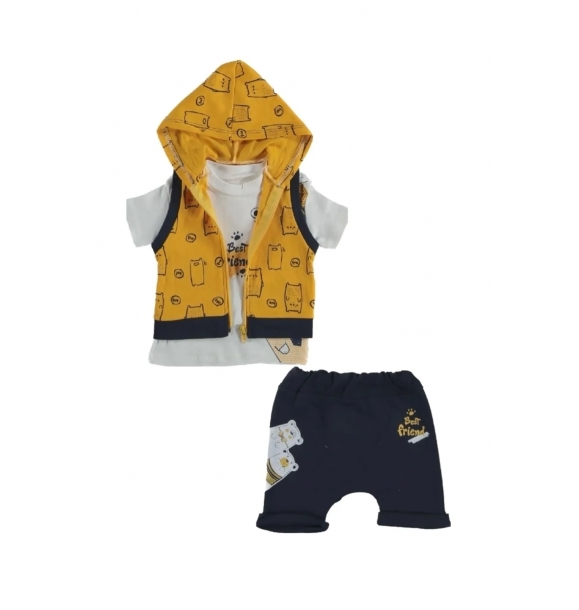 Мальчик младенец желтый жилет с капюшоном с принтом медведя, футболка и синие шорты, летний комплект из 3 предметов. | Sumka