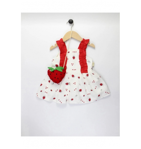 Детское платье из хлопка с оборками на бретелях в виде клубники и комплект сумки с поддельными клубниками. | Sumka
