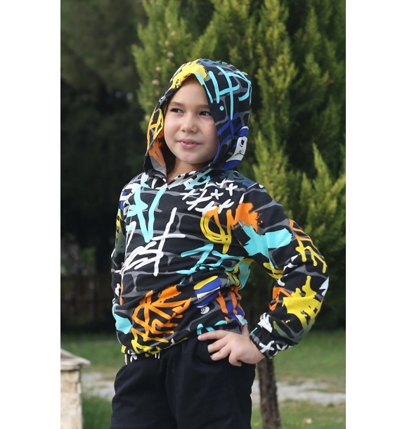 капюшонный свитшот для девочки с узором и эластичным поясом, возраст 7-14 лет | Sumka