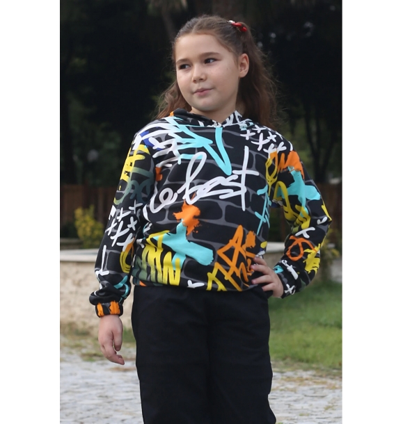 капюшонный свитшот для девочки с узором и эластичным поясом, возраст 7-14 лет | Sumka