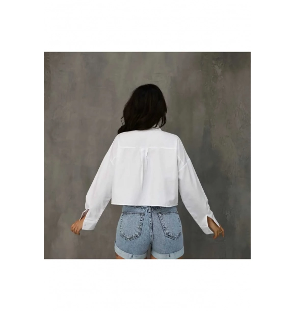Женская белая хлопковая укороченная рубашка с длинными рукавами и карманами | Sumka