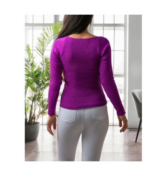 Женская трикотажная блузка с квадратным вырезом и фиолетовым декольте 2042. | Sumka