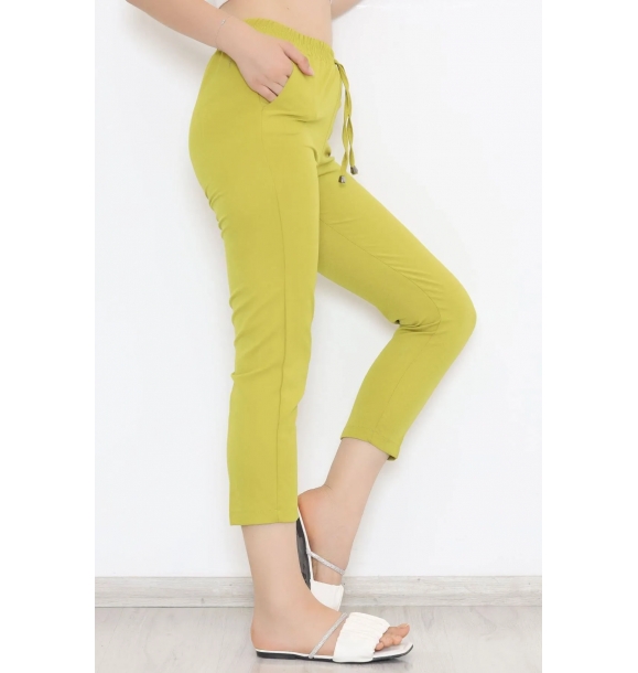 Эластичные двойные брюки с поясом в цвете зеленого масла - 20918.683. | Sumka