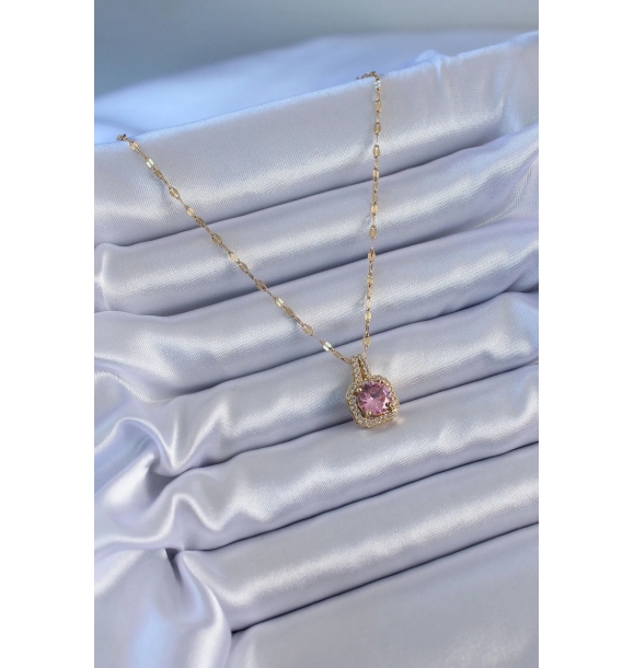 316L сталь Золотого цвета с розовым цирконовым камнем Женское ожерелье | Sumka
