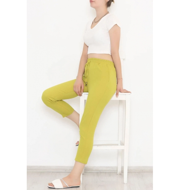 Эластичные двойные брюки с поясом в цвете зеленого масла - 20918.683. | Sumka