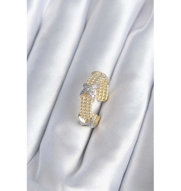 Золотое кольцо EBJ Pirinç с серебряным цветом и деталями из циркона для женщин. | Sumka