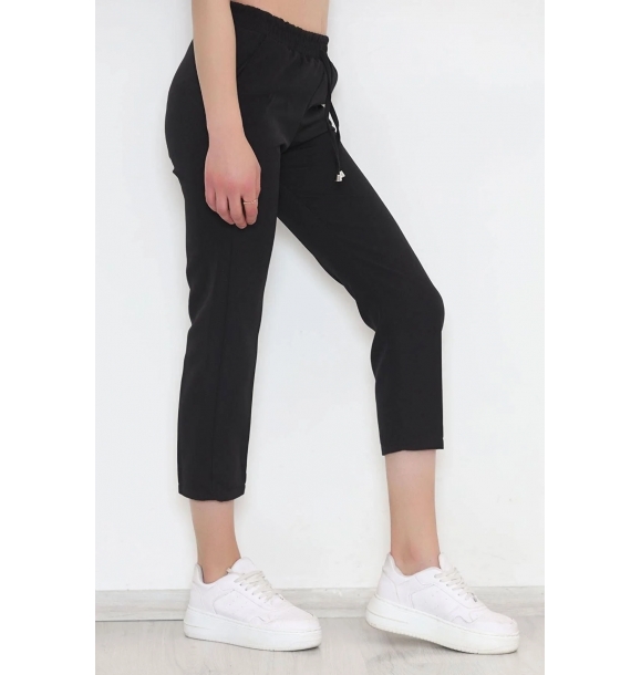 Эластичные двойные брюки черного цвета с поясом - 20918.683. Размер 46. | Sumka