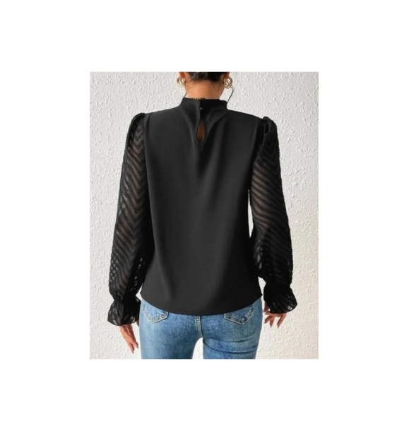Женская плиссированная блузка из импортного крепа из тюля с длинными рукавами и воротником-стойкой | Sumka