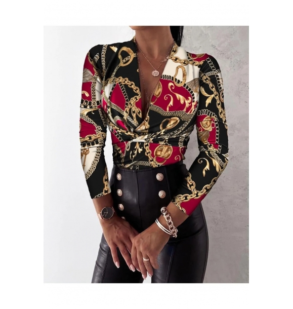 Женская микро-блузка с длинными рукавами, украшенная цепочкой и деталью узла под грудью. | Sumka