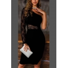 Женское черное креповое платье с одним рукавом и кружевом | Sumka