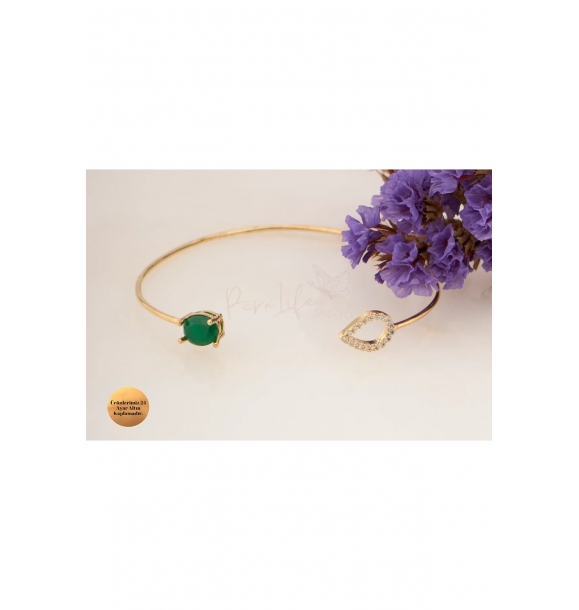 Браслет из 24-каратного золота с цирконом и зеленым натуральным камнем | Sumka